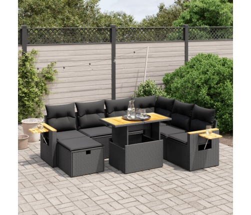 Set de sofás de jardín 8 piezas y cojines ratán sintético negro