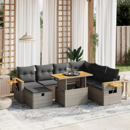 Set de sofás de jardín 8 pzas y cojines ratán sintético gris