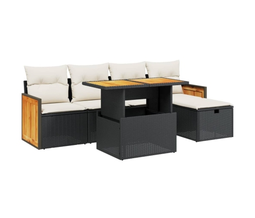 Set de sofás de jardín 6 piezas y cojines ratán sintético negro