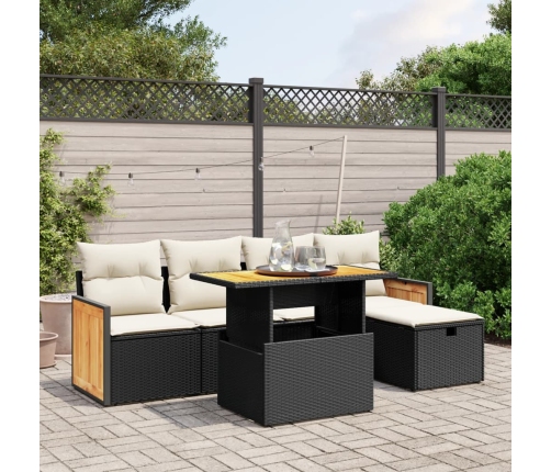 Set de sofás de jardín 6 piezas y cojines ratán sintético negro