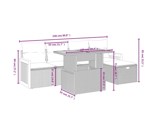 Set de muebles de jardín 6 pzas y cojines ratán sintético gris