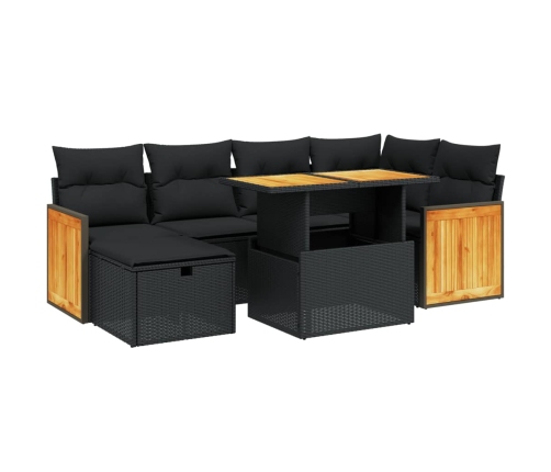 Set de comedor de jardín 7 pzas y cojines ratán sintético negro