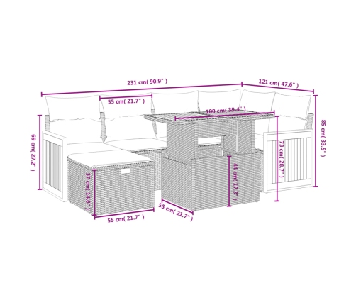 Set de comedor de jardín 7 pzas y cojines ratán sintético negro