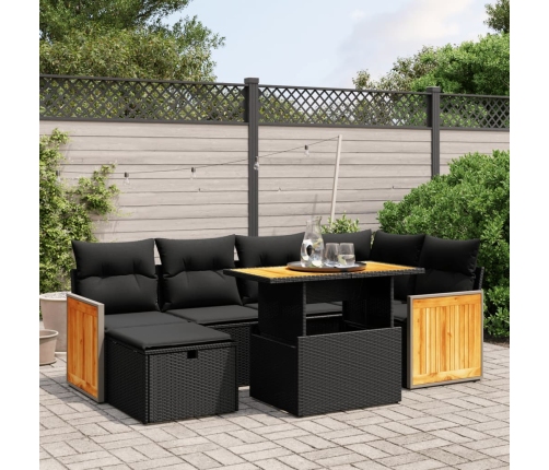 Set de comedor de jardín 7 pzas y cojines ratán sintético negro