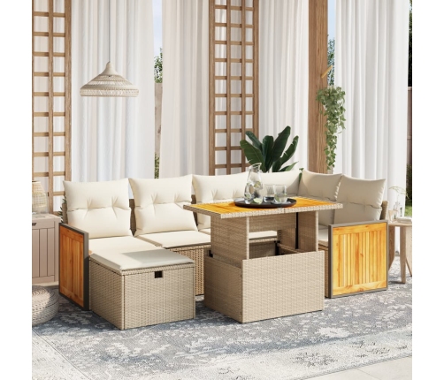 Set sofás de jardín 7 piezas y cojines ratán sintético beige