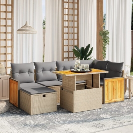 Set sofás de jardín 7 piezas y cojines ratán sintético beige