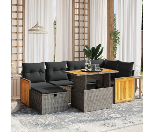 Set de sofás de jardín 7 piezas con cojines ratán PE gris