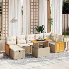 Juego de sofás de jardín con cojines beige 8 pzas ratán PE