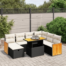 Set de sofás de jardín 8 piezas y cojines ratán sintético negro