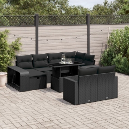Set de sofás de jardín 11 pzas y cojines ratán sintético negro