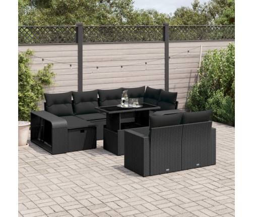 Set de sofás de jardín 11 pzas y cojines ratán sintético negro