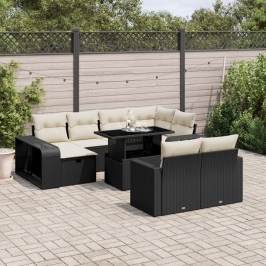 Set de sofás de jardín 11 pzas y cojines ratán sintético negro
