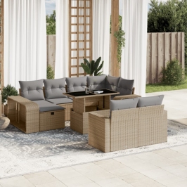 Set de sofás de jardín 11pzas con cojines ratán sintético beige