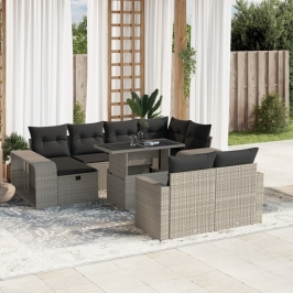 Set de sofás de jardín 11 pzas y cojines ratán sintético gris
