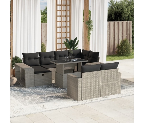 Set de sofás de jardín 11 pzas y cojines ratán sintético gris