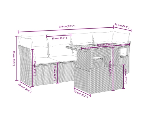 Set de muebles de jardín 5 pzas y cojines ratán sintético negro