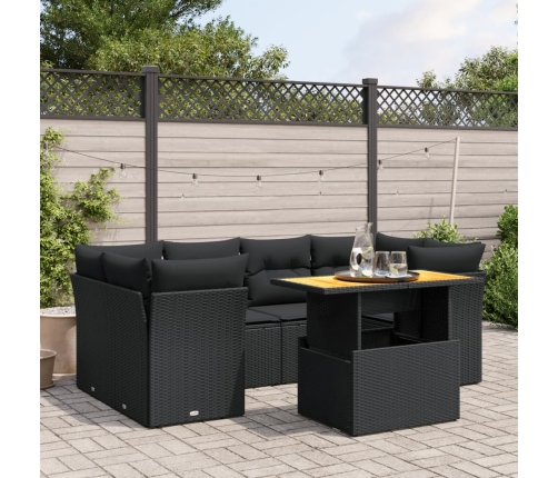 Set de comedor de jardín 7 pzas y cojines ratán sintético negro