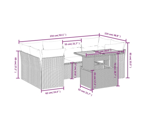 Set de comedor de jardín 7 pzas y cojines ratán sintético negro