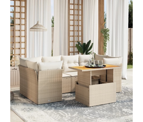 Set sofás de jardín 7 piezas y cojines ratán sintético beige