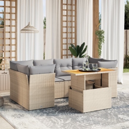 Set sofás de jardín 7 piezas y cojines ratán sintético beige