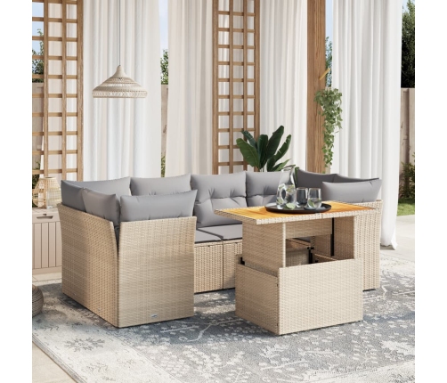 Set sofás de jardín 7 piezas y cojines ratán sintético beige