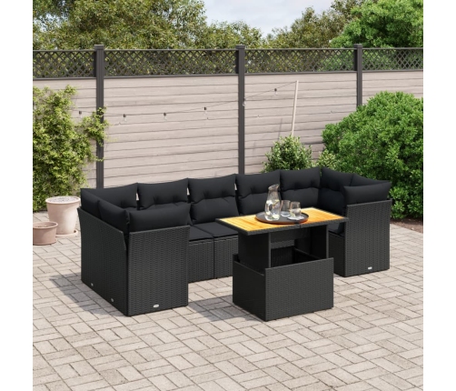 Set de sofás de jardín 8 piezas y cojines ratán sintético negro