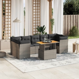Set de sofás de jardín 8 pzas y cojines ratán sintético gris