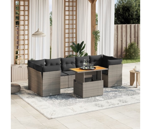 Set de sofás de jardín 8 pzas y cojines ratán sintético gris