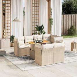 Juego de sofás de jardín con cojines beige 8 pzas ratán PE