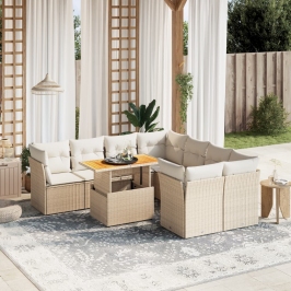 Set de sofás de jardín 9 pzas con cojines ratán sintético beige