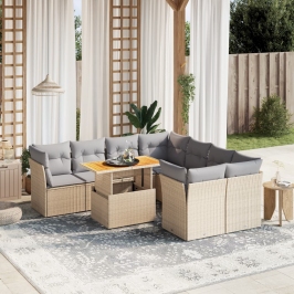 Set de sofás de jardín 9 pzas con cojines ratán sintético beige