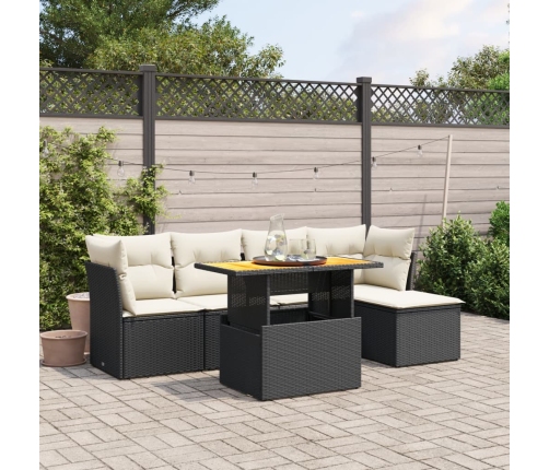 Set de sofás de jardín 6 piezas y cojines ratán sintético negro