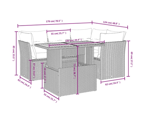 Set de muebles de jardín 5 pzas y cojines ratán sintético negro