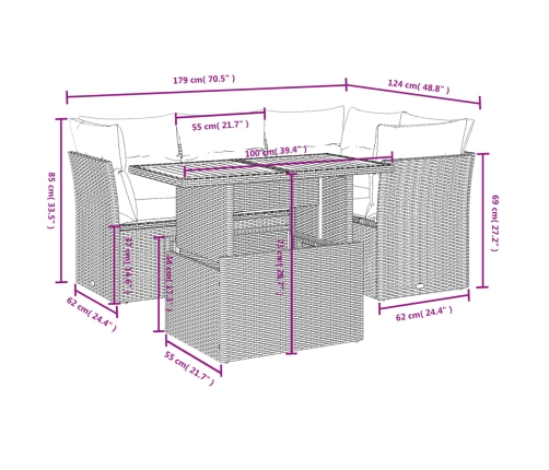 Set de muebles de jardín 5 pzas y cojines ratán sintético negro