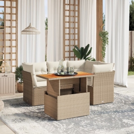 Juego de sofás jardín con cojines 5 pzas ratán sintético beige