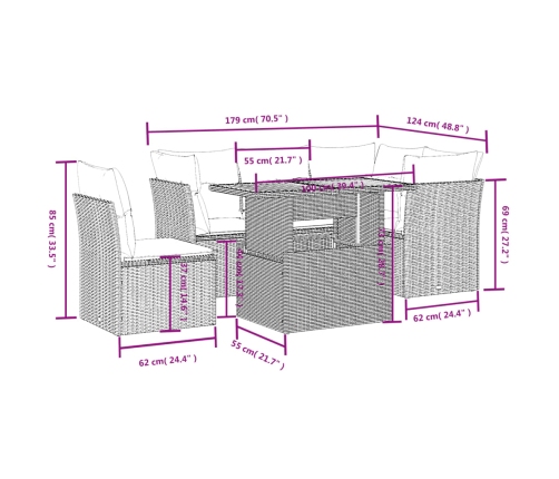 Set de muebles de jardín 5 pzas y cojines ratán sintético negro
