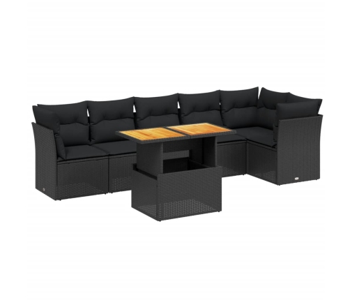 Set de comedor de jardín 7 pzas y cojines ratán sintético negro