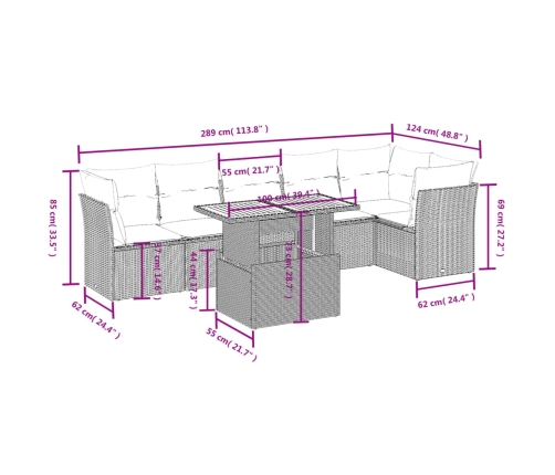 Set de comedor de jardín 7 pzas y cojines ratán sintético negro