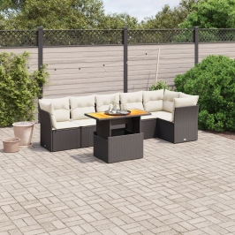 Set de comedor de jardín 7 pzas y cojines ratán sintético negro