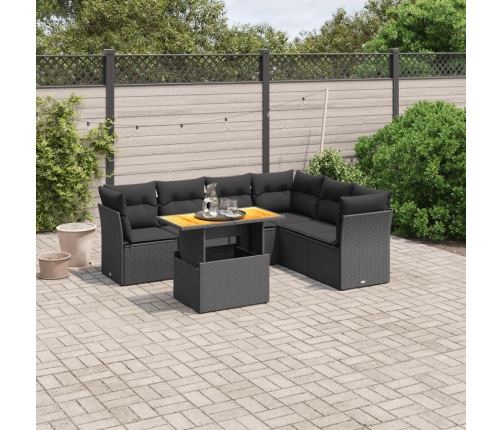 Set de comedor de jardín 7 pzas y cojines ratán sintético negro