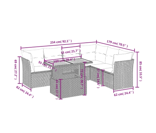Set de comedor de jardín 7 pzas y cojines ratán sintético negro