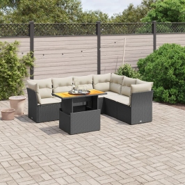 Set de comedor de jardín 7 pzas y cojines ratán sintético negro