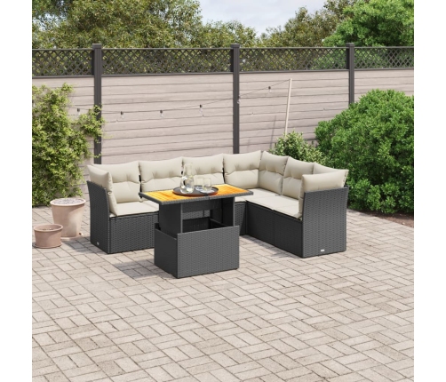 Set de comedor de jardín 7 pzas y cojines ratán sintético negro