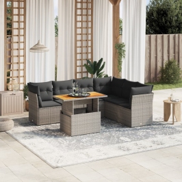 Set de sofás de jardín 7 piezas con cojines ratán PE gris