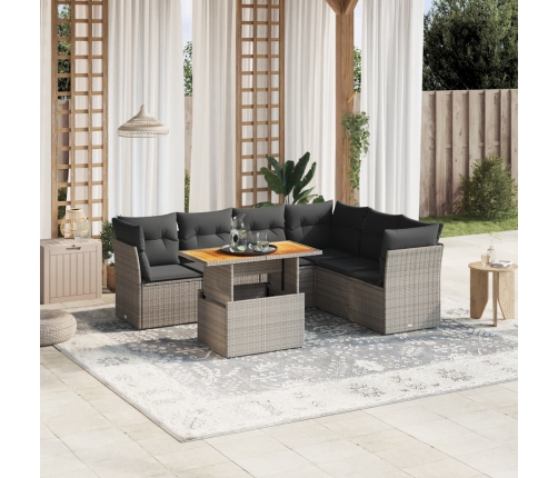 Set de sofás de jardín 7 piezas con cojines ratán PE gris