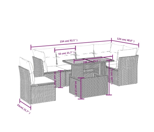 Set de comedor de jardín 7 pzas y cojines ratán sintético negro