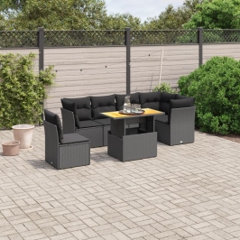 Set de comedor de jardín 7 pzas y cojines ratán sintético negro