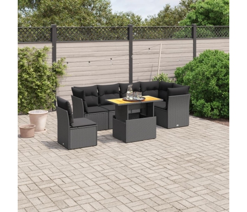 Set de comedor de jardín 7 pzas y cojines ratán sintético negro