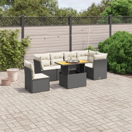 Set de comedor de jardín 7 pzas y cojines ratán sintético negro