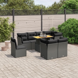Set de sofás de jardín 8 piezas y cojines ratán sintético negro